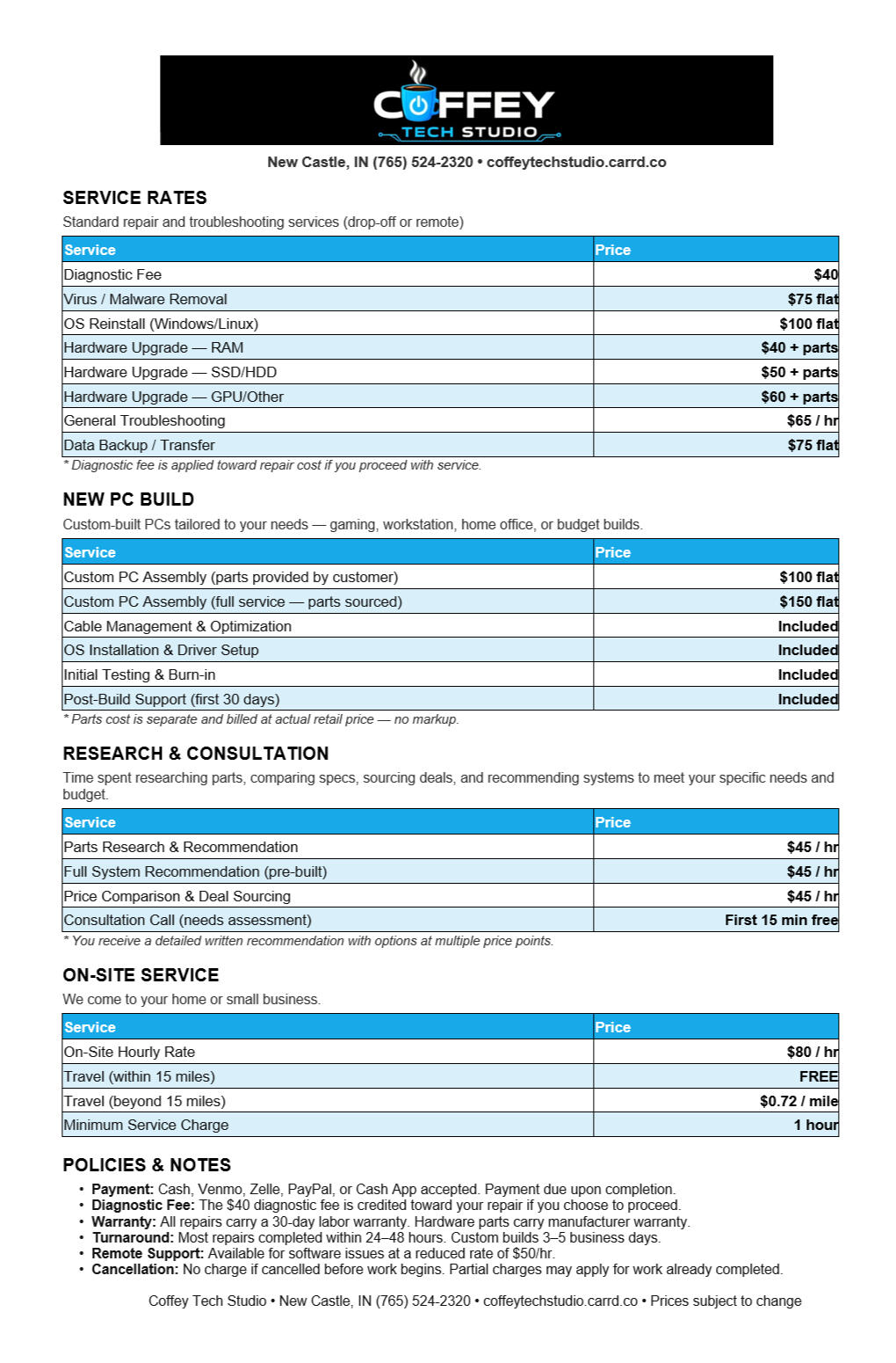 Coffey Tech Studio Rate Sheet Coffey Tech Studio Rate Sheet